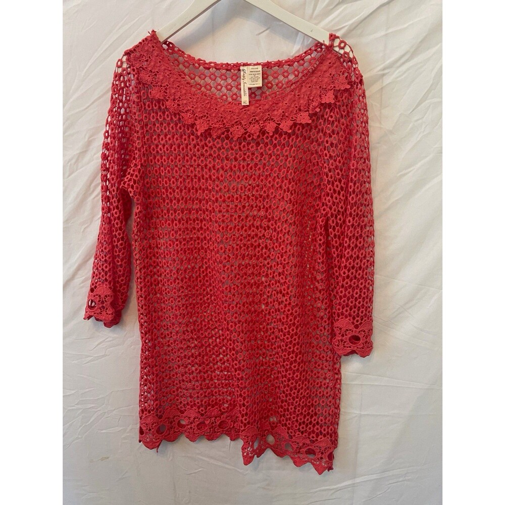 Flying Tomato Women's Red Solid Boat Neck 3/4 Sleeve Crochet Lace Tunic XL